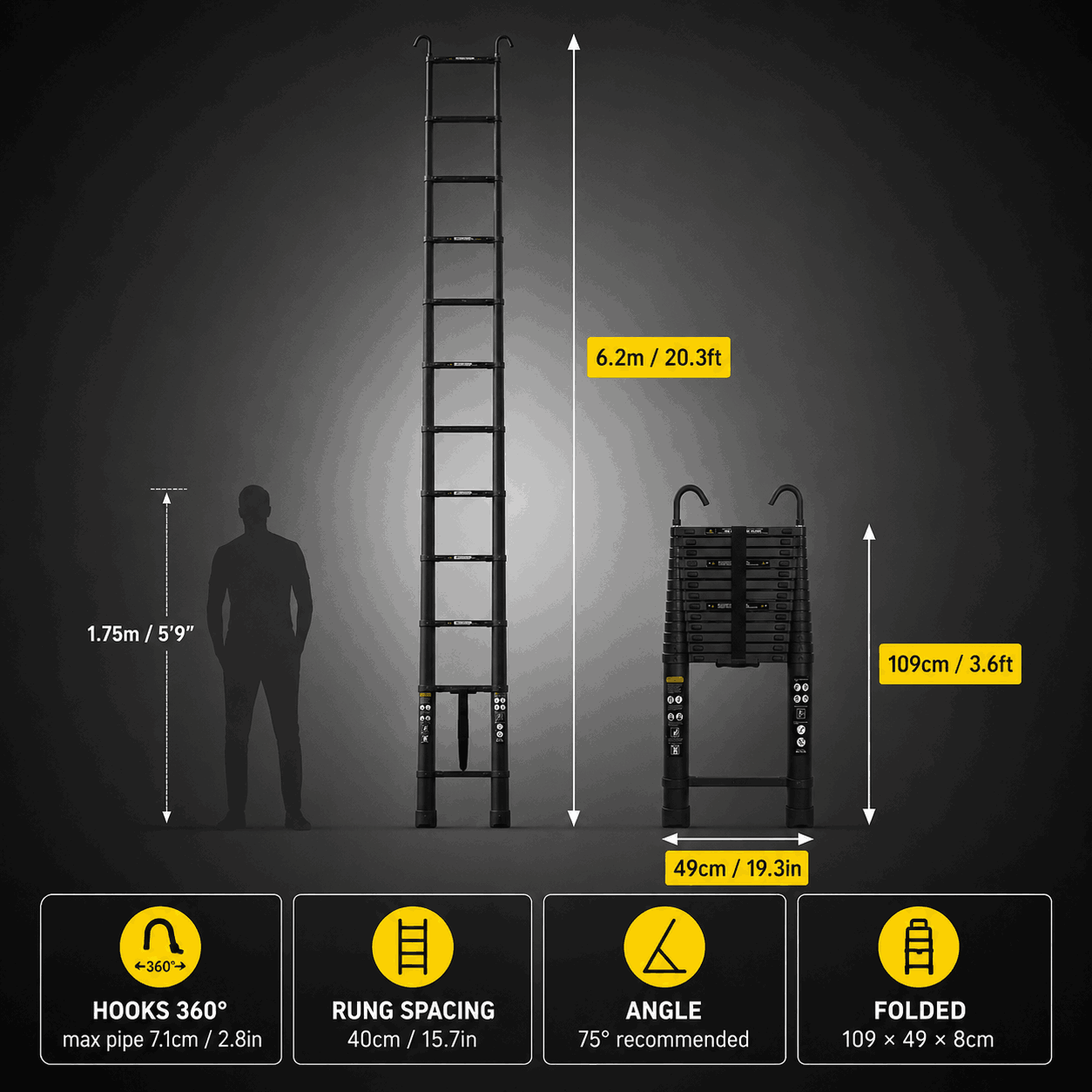 6.2M Telescopic Ladder with Roof Hooks - SkyReach 620
