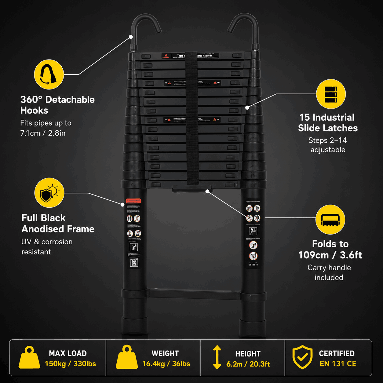 6.2M Telescopic Ladder with Roof Hooks - SkyReach 620