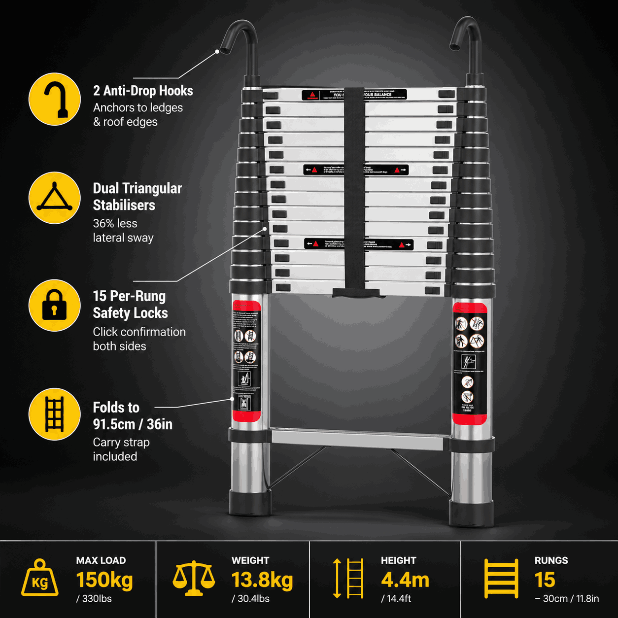 4.4M Telescopic Ladder with Anti-Drop Hooks - Apex 440