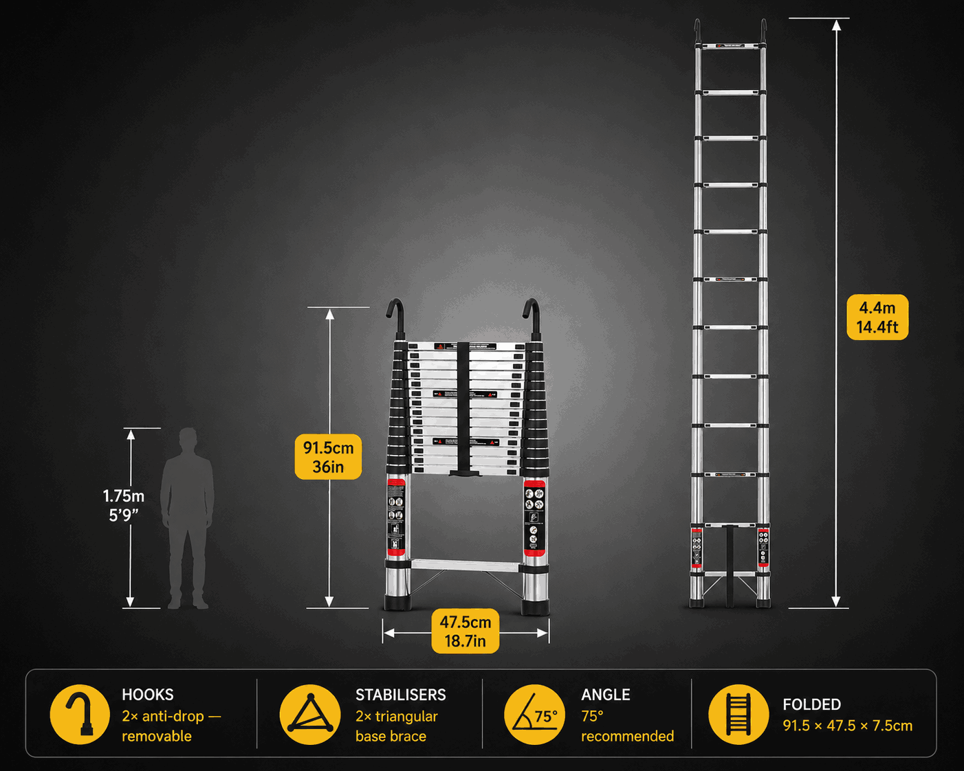 4.4M Telescopic Ladder with Anti-Drop Hooks - Apex 440