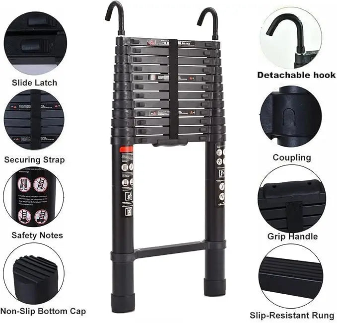 5M Black Telescopic Ladder with 360° Hooks - Apex 500B