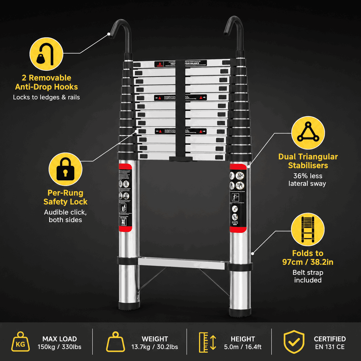 5M Telescopic Ladder with Anti-Drop Hooks - Apex 500
