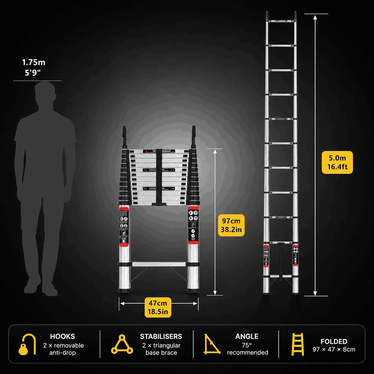 5M Telescopic Ladder with Anti-Drop Hooks - Apex 500