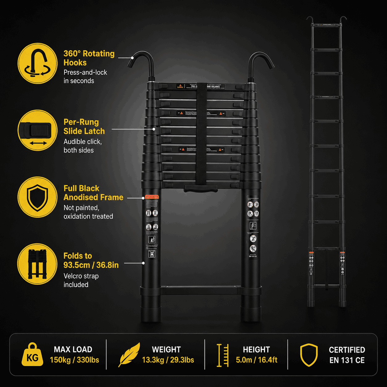 5M Black Telescopic Ladder with 360° Hooks - Apex 500B