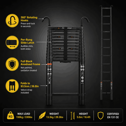 5M Black Telescopic Ladder with 360° Hooks - Apex 500B