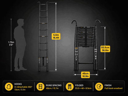5M Black Telescopic Ladder with 360° Hooks - Apex 500B
