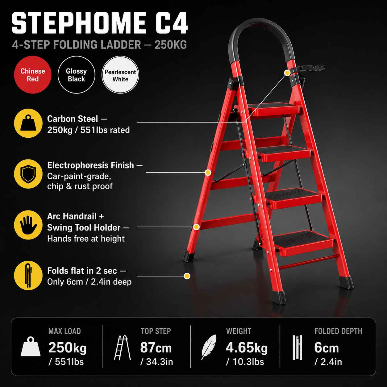 4-Step Carbon Steel Folding Step Ladder - StepHome C4