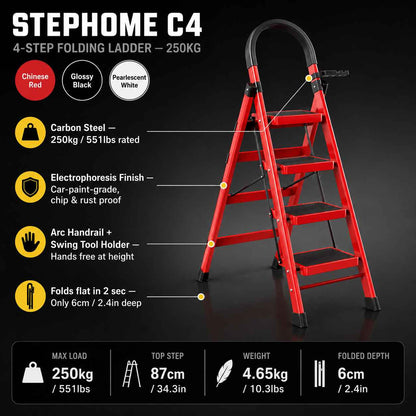4-Step Carbon Steel Folding Step Ladder - StepHome C4