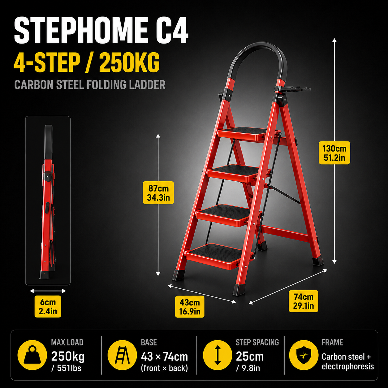 4-Step Carbon Steel Folding Step Ladder - StepHome C4