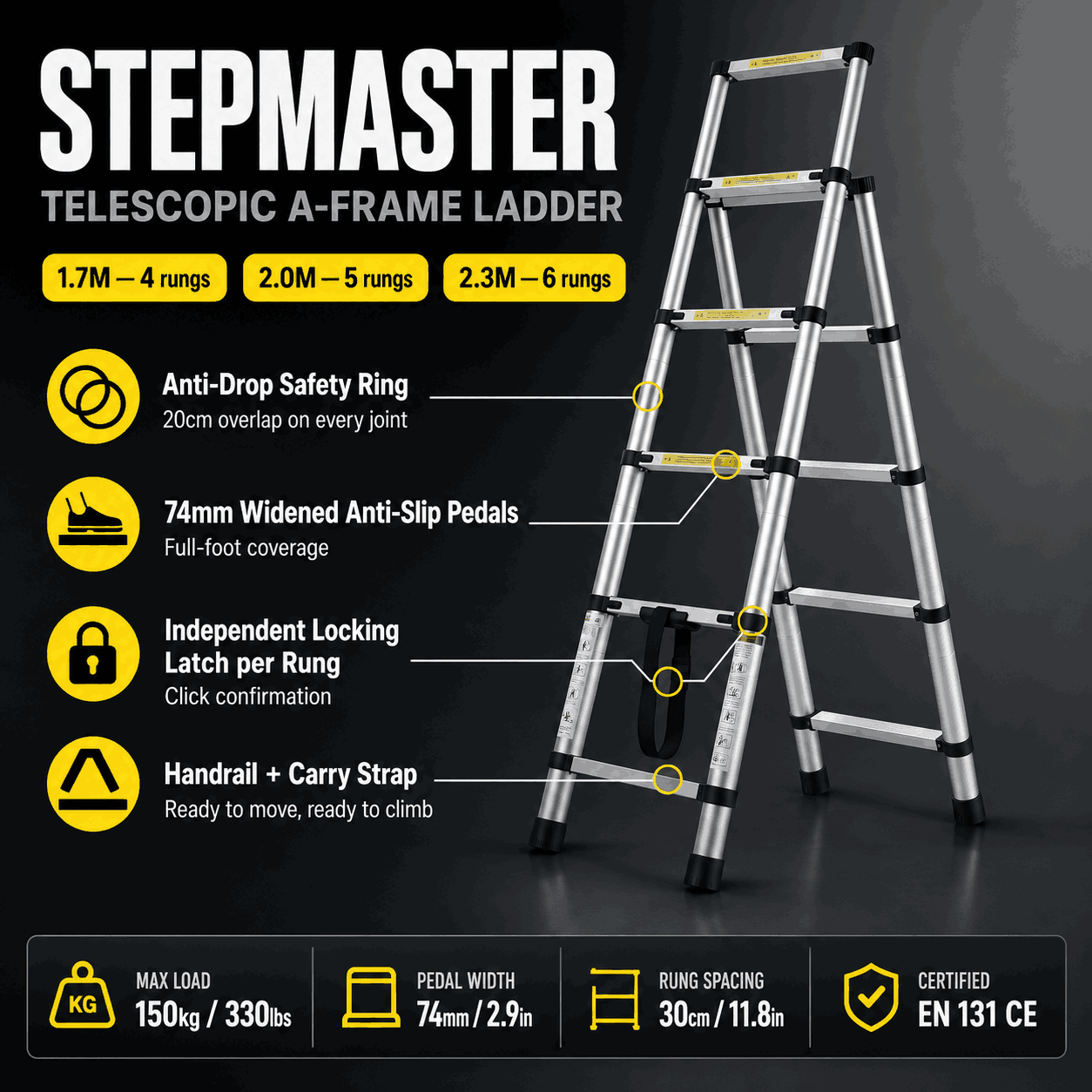 StepMaster — Telescopic A-Frame Step Ladder